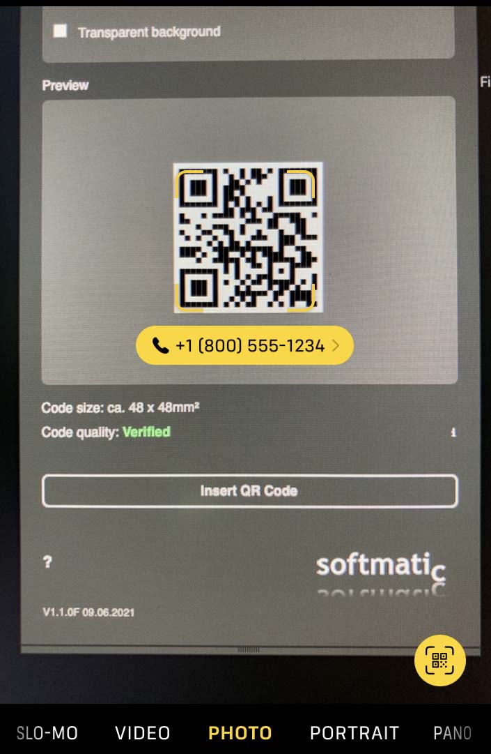 Screenshot: iPhone scan QR Code mit Telefonnummer