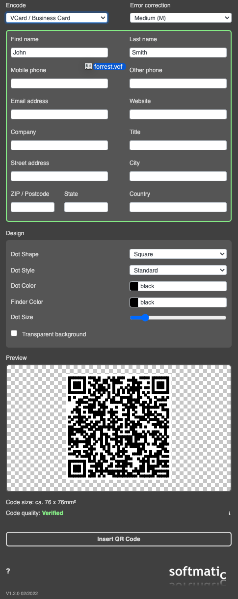 Screenshot: QR Codes mit Kontaktdaten, VCard, Visitenkarte erstellen