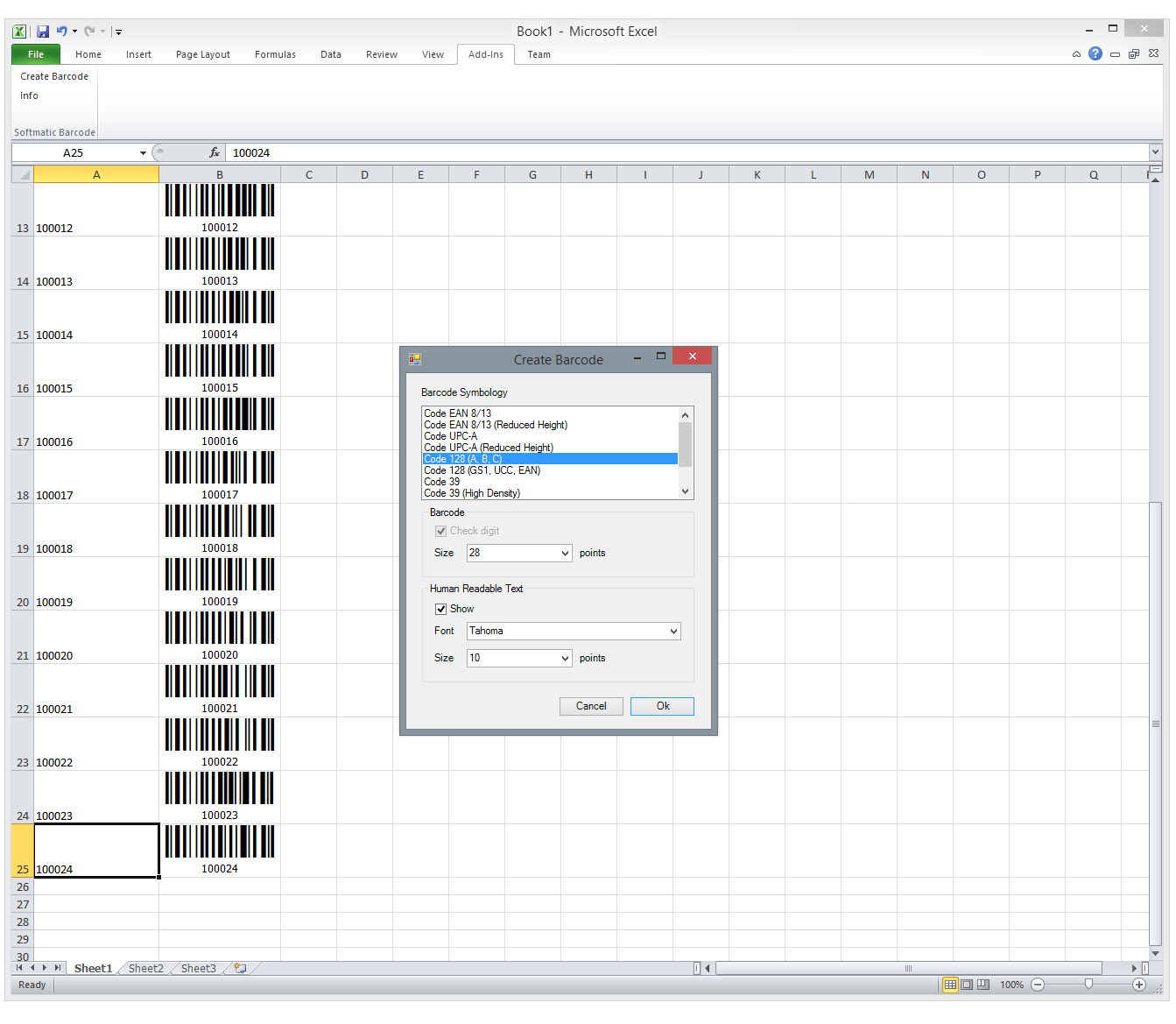 Excel Barcode Add-In Bulk Code 128