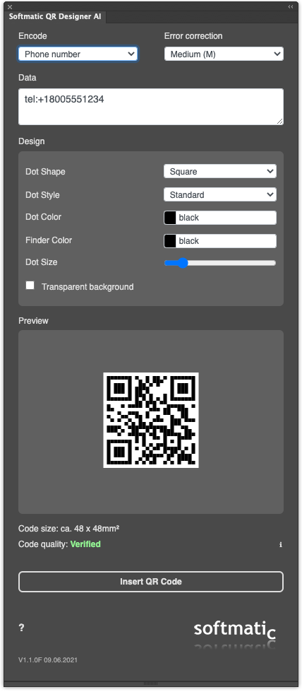 Screenshot: Create QR Code with Phone Number