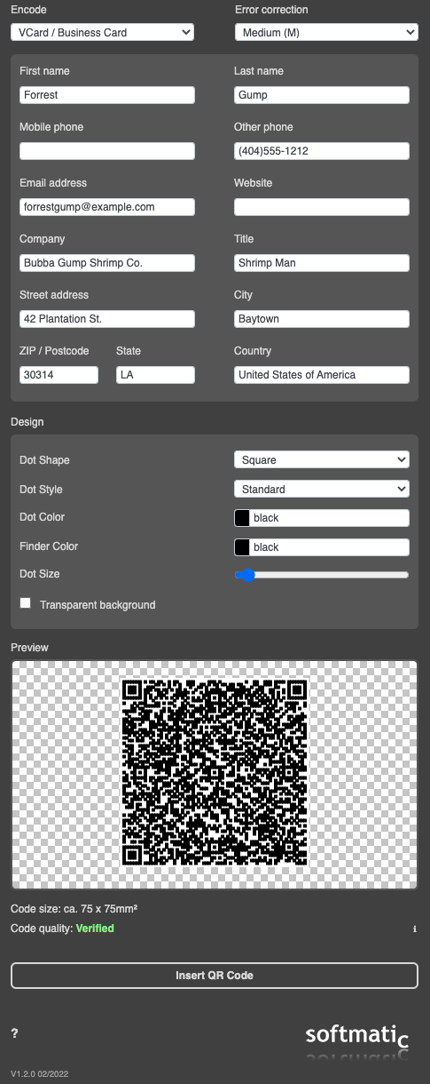 Screenshot: Create QR Code with VCard, Business Card full data set
